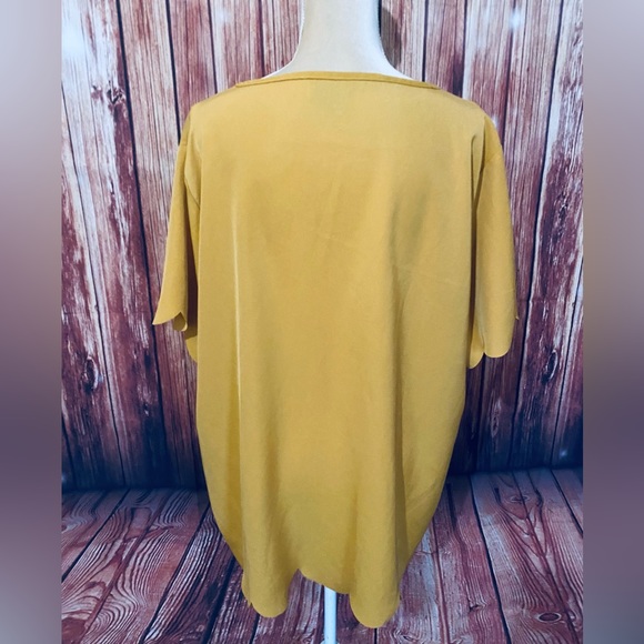 Women’s 3X Blouse Tickled Teal Mustard Short Sleeves U Neck Silky Ruffle Trim - Picture 6 of 12